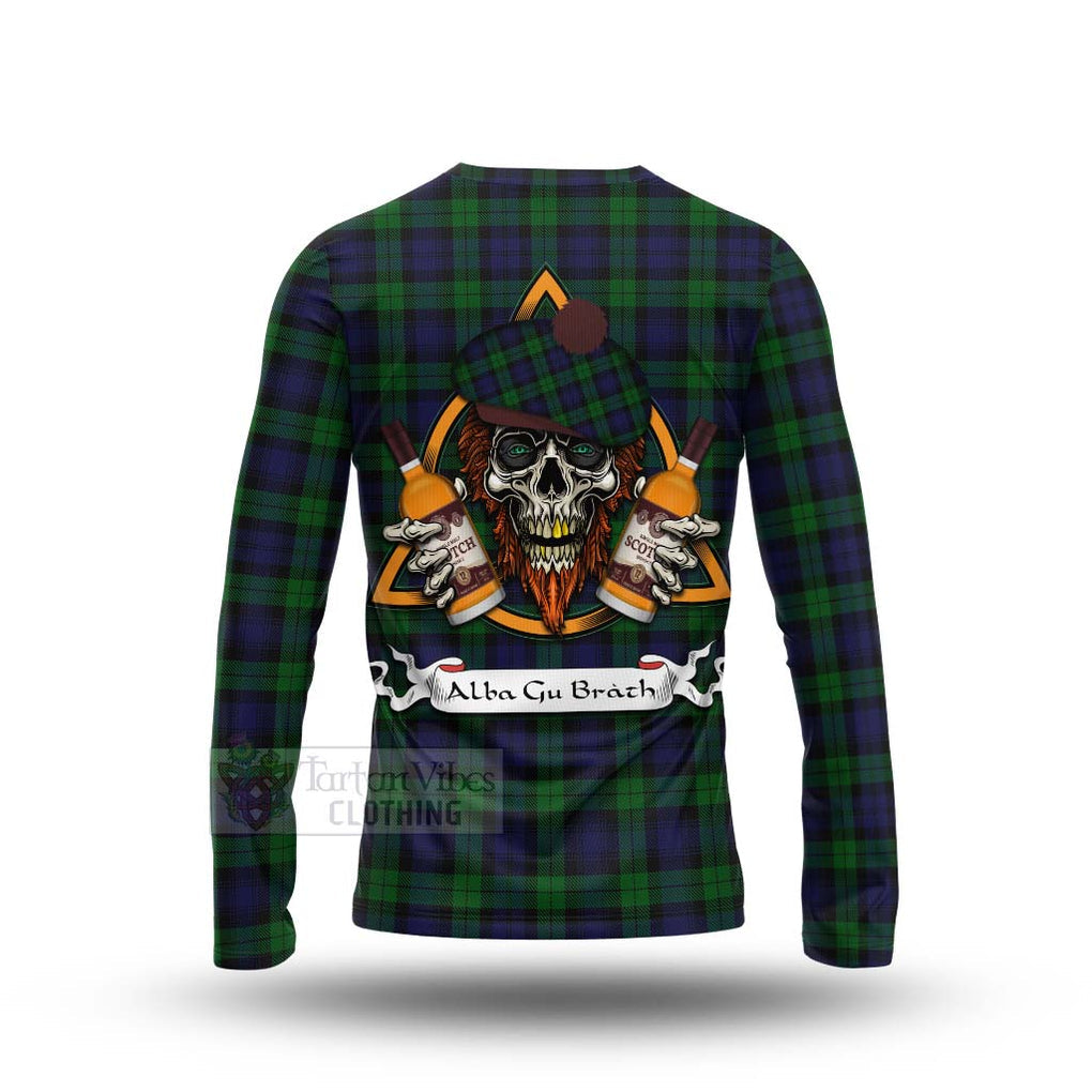 Tartan Vibes Clothing Black Watch Tartan Long Sleeve T-Shirt with Family Crest and Bearded Skull Holding Bottles of Whiskey