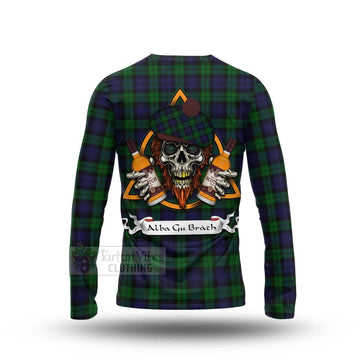 Black Watch Tartan Long Sleeve T-Shirt with Family Crest and Bearded Skull Holding Bottles of Whiskey