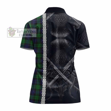 Black Watch Tartan Women's Polo Shirt with Family Crest Cross Sword Thistle Celtic Vibes