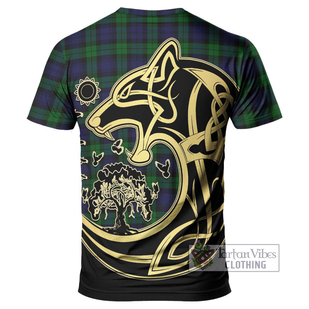 Black Watch Tartan T-Shirt with Family Crest Celtic Wolf Style - Tartan Vibes Clothing