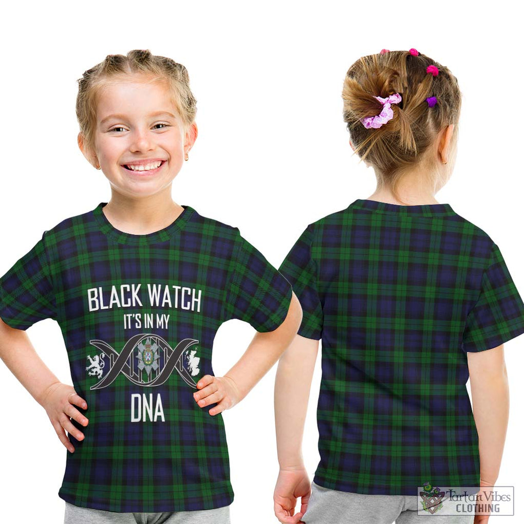 Black Watch Tartan Kid T-Shirt with Family Crest DNA In Me Style - Tartanvibesclothing Shop