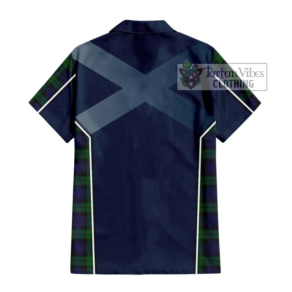 Black Watch Tartan Short Sleeve Button Shirt with Family Crest and Lion Rampant Vibes Sport Style - Tartan Vibes Clothing