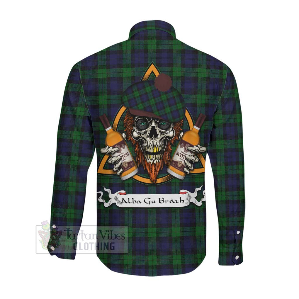 Tartan Vibes Clothing Black Watch Tartan Long Sleeve Button Shirt with Family Crest and Bearded Skull Holding Bottles of Whiskey