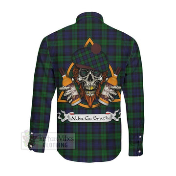 Black Watch Tartan Long Sleeve Button Shirt with Family Crest and Bearded Skull Holding Bottles of Whiskey