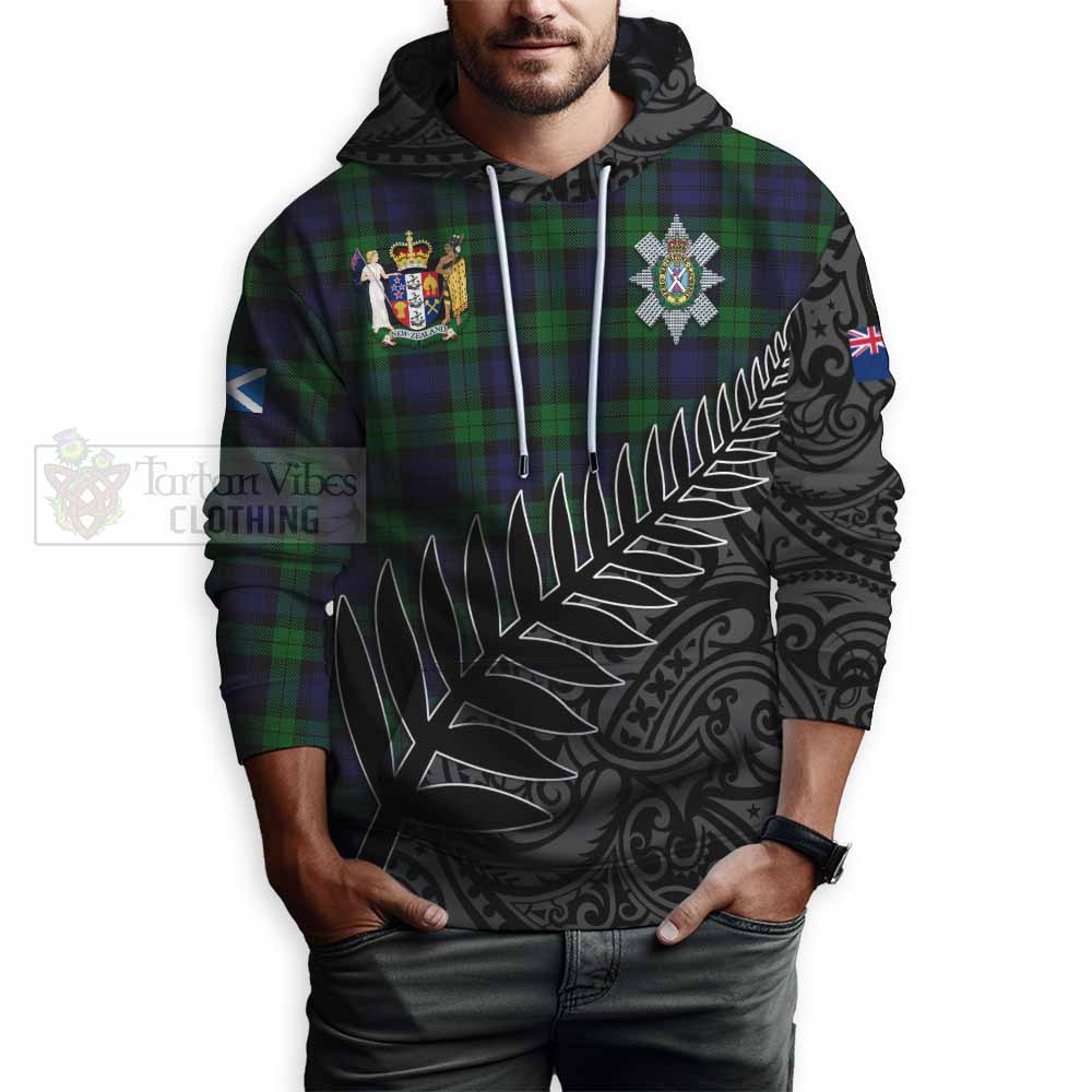 Tartan Vibes Clothing Black Watch Crest Tartan Hoodie with New Zealand Silver Fern Half Style