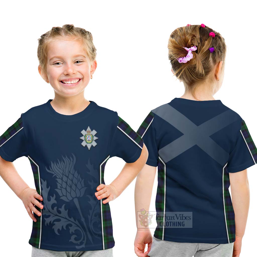 Tartan Vibes Clothing Black Watch Tartan Kid T-Shirt with Family Crest and Scottish Thistle Vibes Sport Style