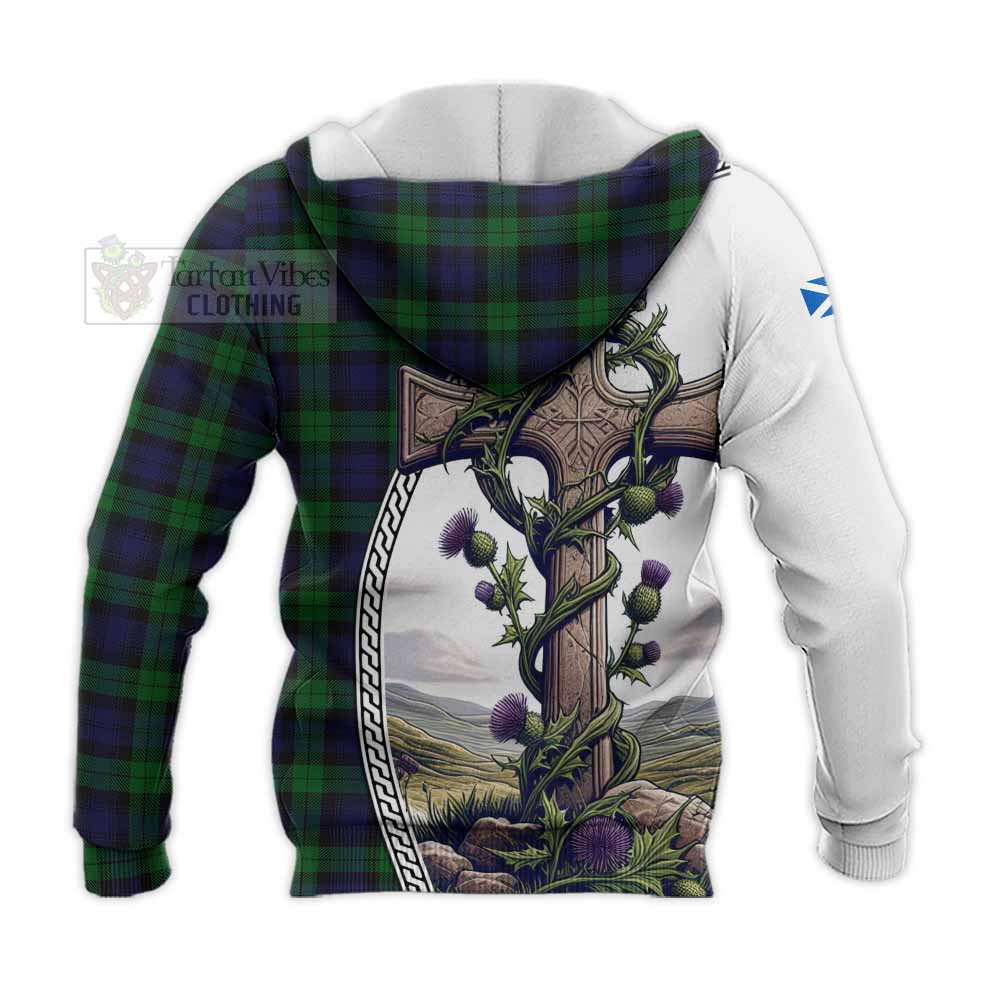 Tartan Vibes Clothing Black Watch Tartan Knitted Hoodie with Family Crest and St. Andrew's Cross Accented by Thistle Vines