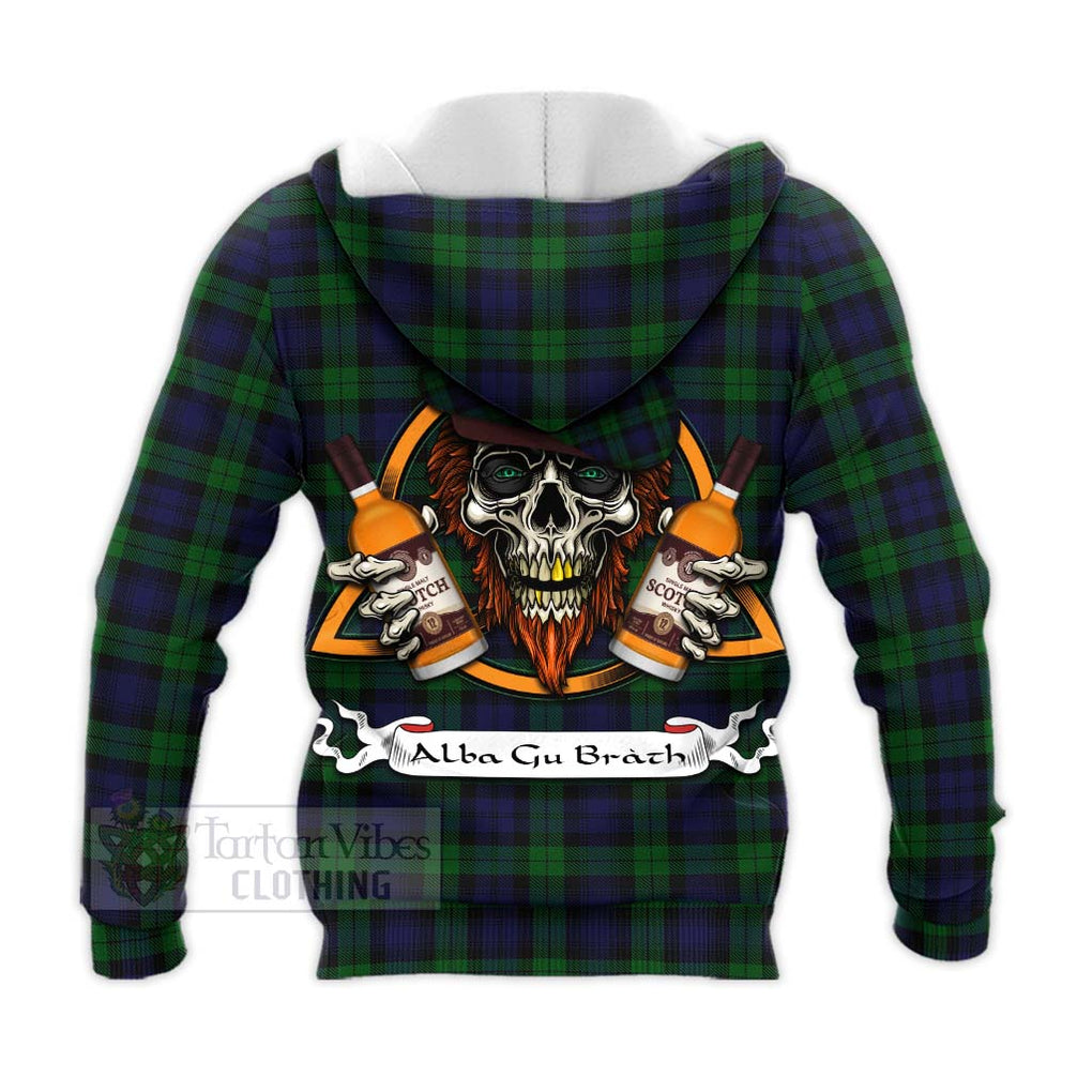 Tartan Vibes Clothing Black Watch Tartan Knitted Hoodie with Family Crest and Bearded Skull Holding Bottles of Whiskey