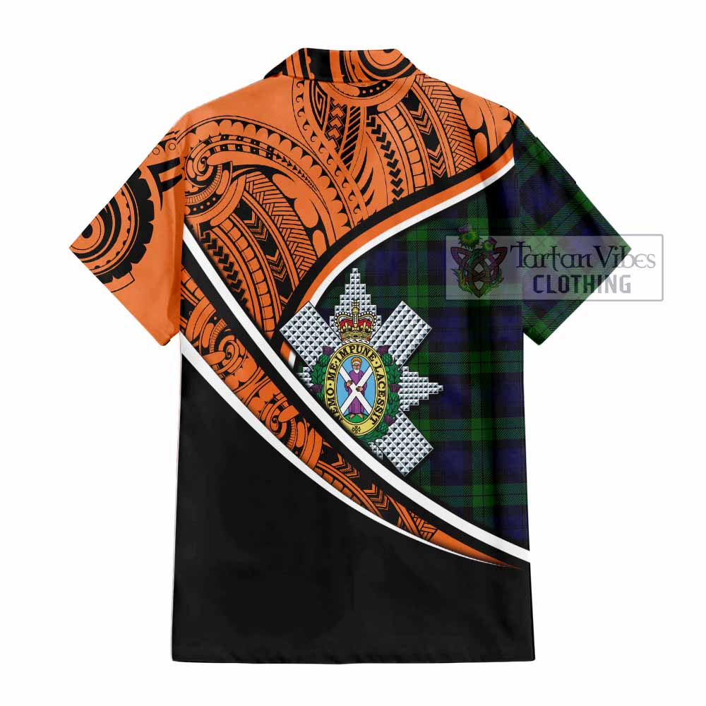 Tartan Vibes Clothing Black Watch Crest Tartan Short Sleeve Button Shirt with Maori Tattoo Style - Orange Version