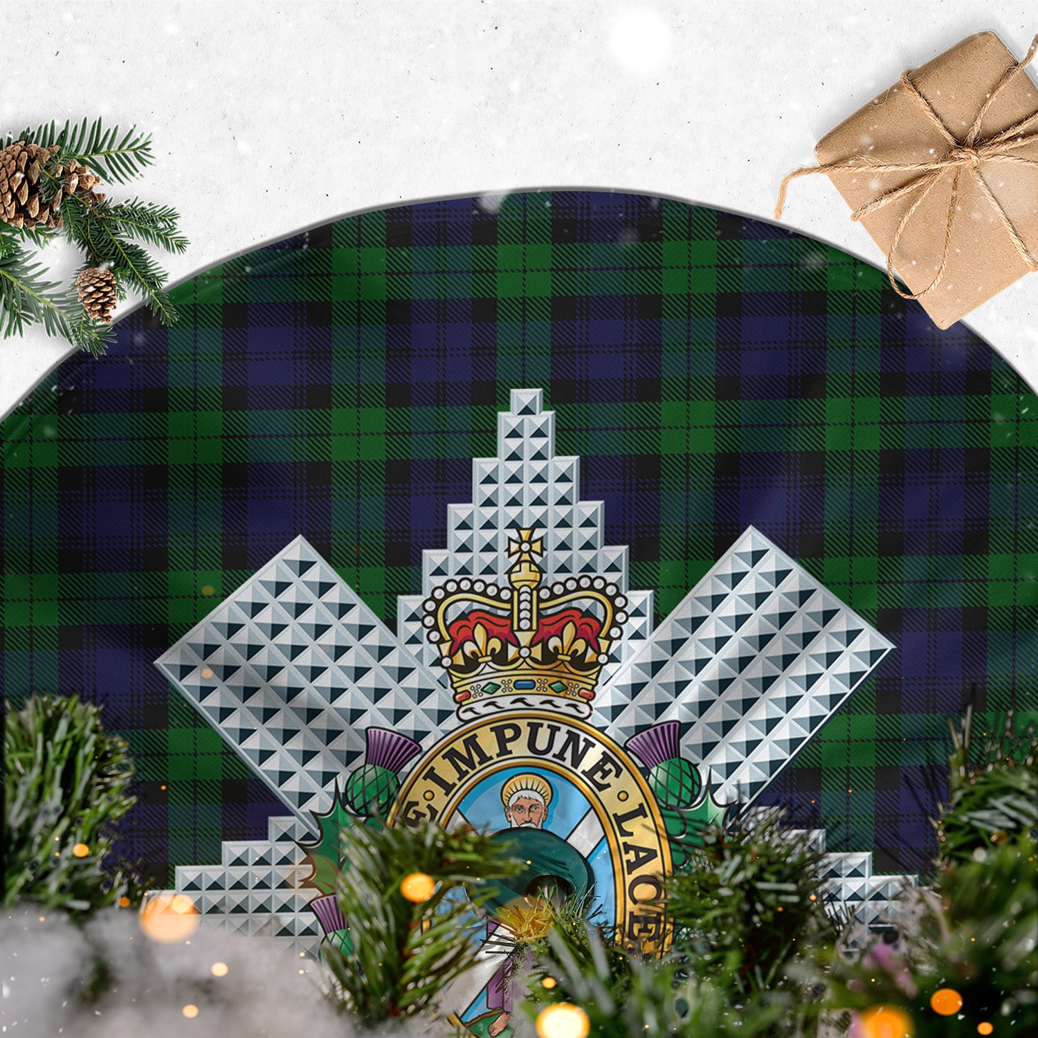 Black Watch Tartan Christmas Tree Skirt with Family Crest - Tartanvibesclothing