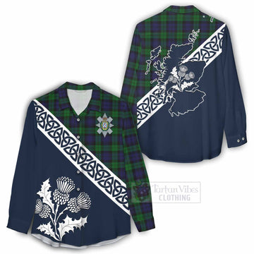 Black Watch Tartan Women's Casual Shirt Featuring Thistle and Scotland Map