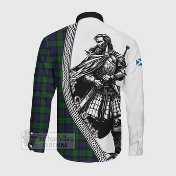 Black Watch Tartan Clan Crest Long Sleeve Button Shirt with Highlander Warrior Celtic Style