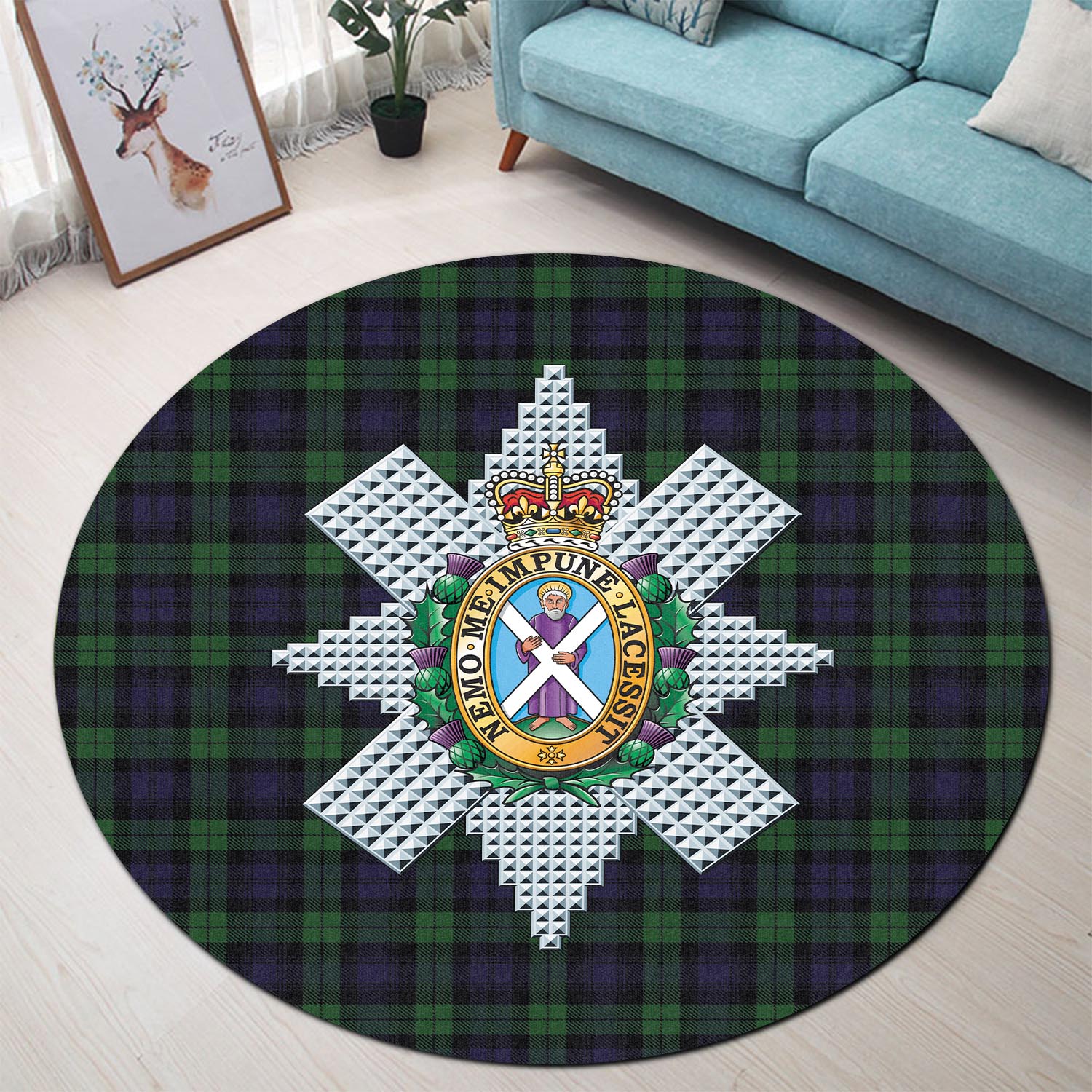 Black Watch Tartan Round Rug with Family Crest - Tartanvibesclothing