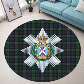 Black Watch Tartan Round Rug with Family Crest