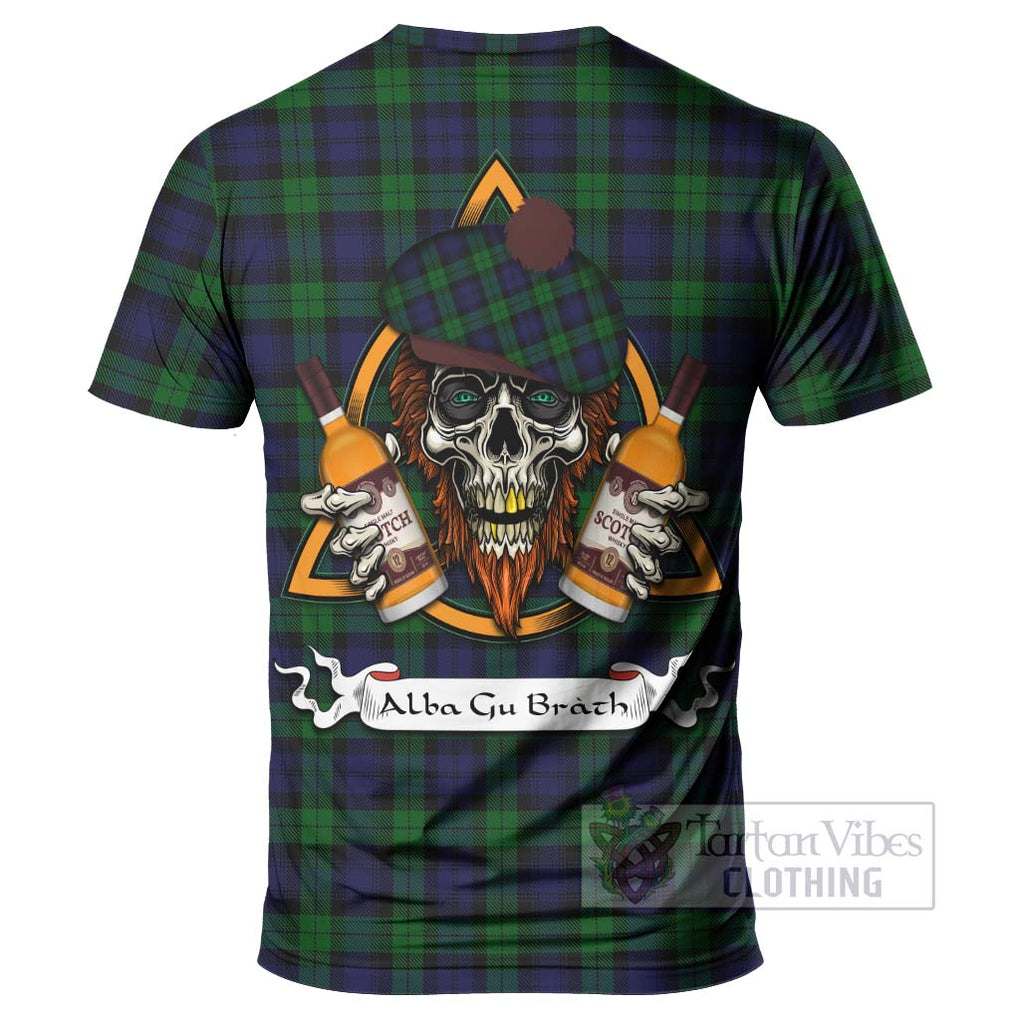 Tartan Vibes Clothing Black Watch Tartan T-Shirt with Family Crest and Bearded Skull Holding Bottles of Whiskey