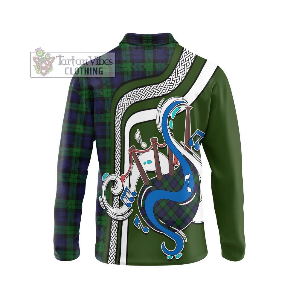 Tartan Vibes Clothing Black Watch Tartan Long Sleeve Polo Shirt with Epic Bagpipe Style