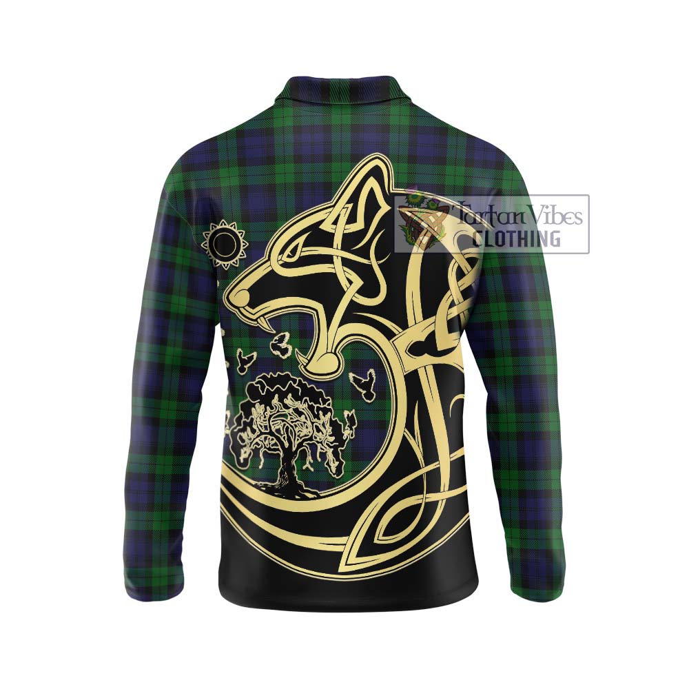 Black Watch Tartan Long Sleeve Polo Shirt with Family Crest Celtic Wolf Style - Tartanvibesclothing Shop