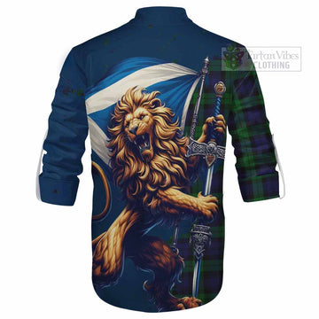 Black Watch Tartan Family Crest Ghillie Kilt Shirt with Scottish Majestic Lion