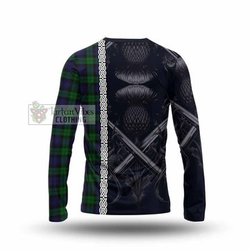 Black Watch Tartan Long Sleeve T-Shirt with Family Crest Cross Sword Thistle Celtic Vibes