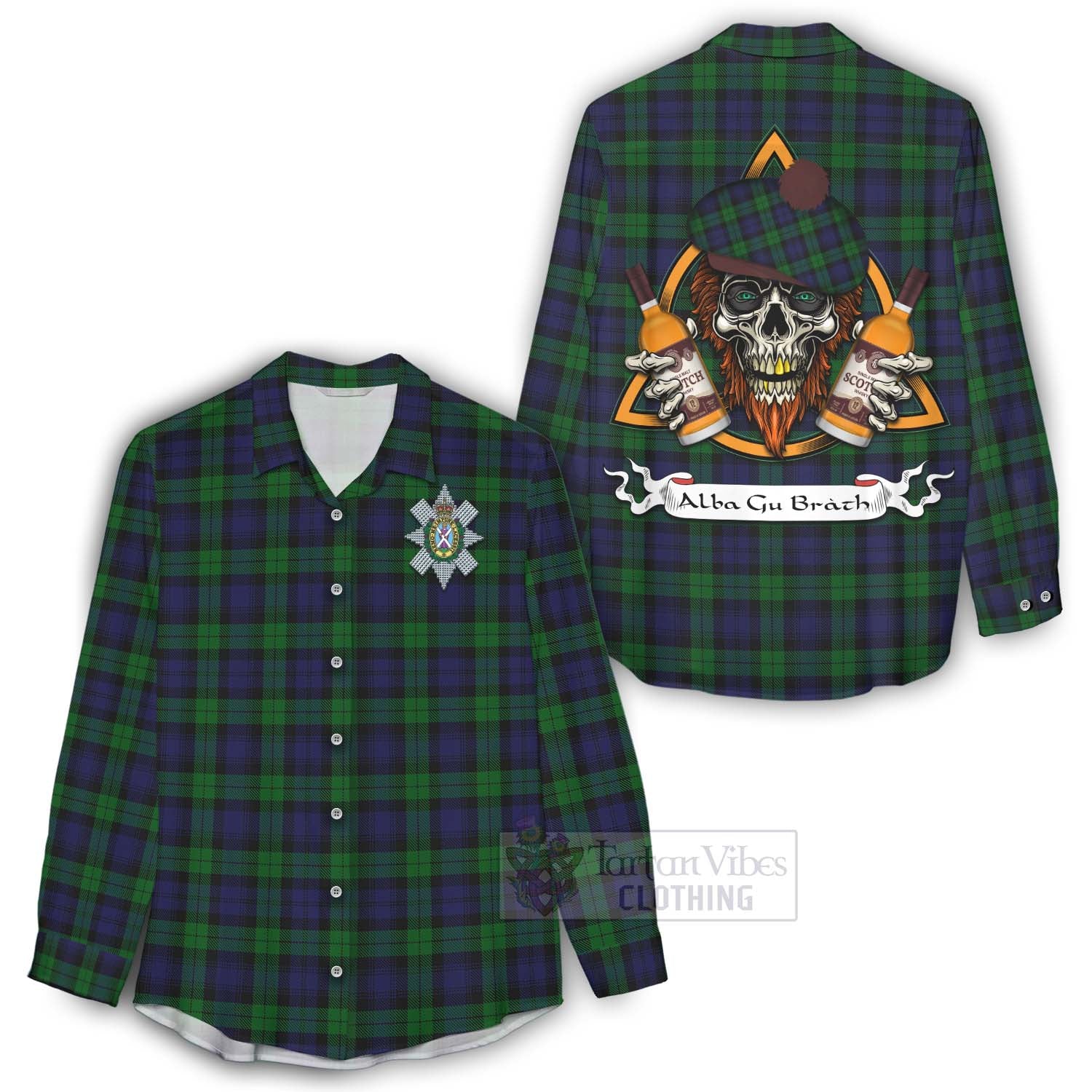 Tartan Vibes Clothing Black Watch Tartan Women's Casual Shirt with Family Crest and Bearded Skull Holding Bottles of Whiskey