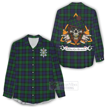 Black Watch Tartan Women's Casual Shirt with Family Crest and Bearded Skull Holding Bottles of Whiskey