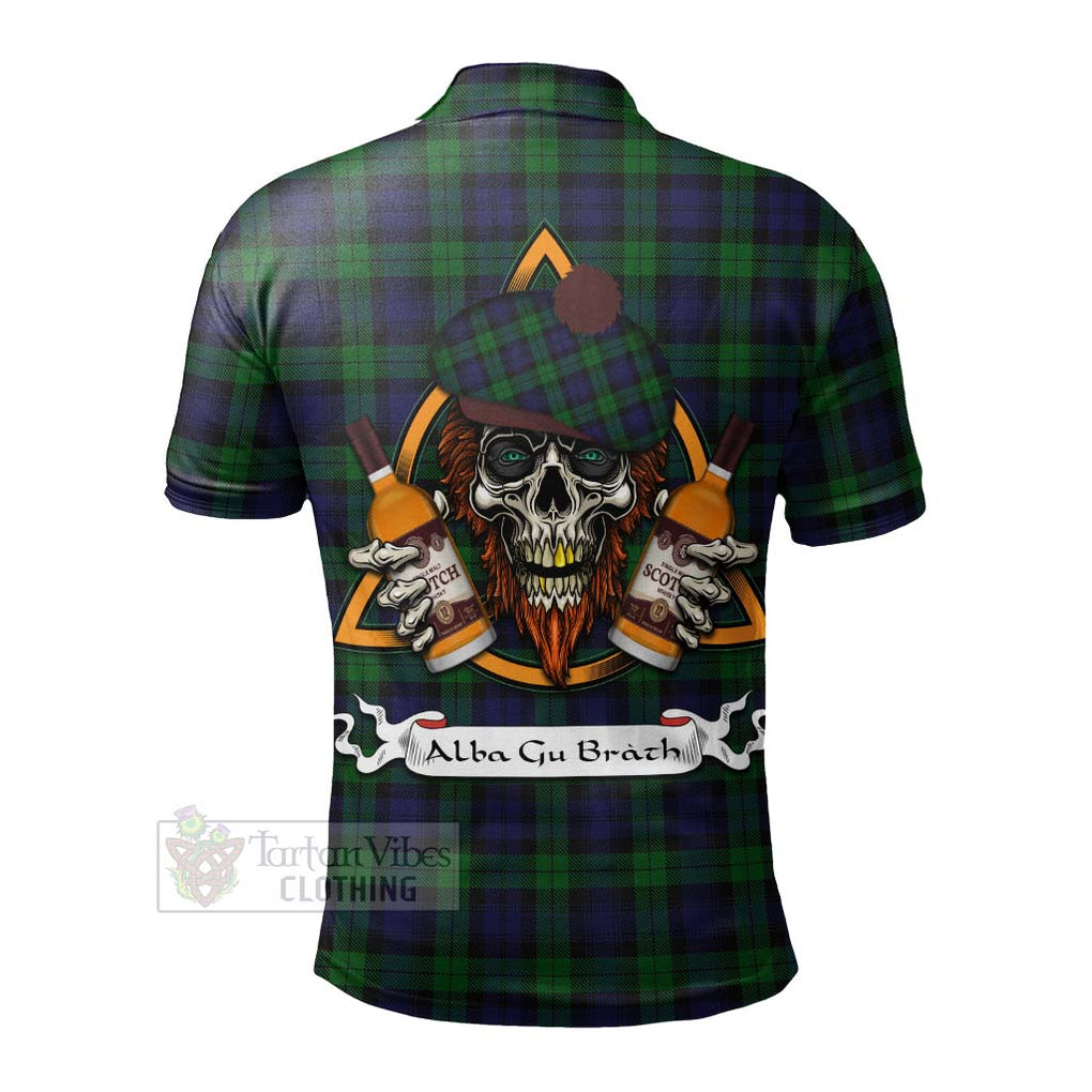 Tartan Vibes Clothing Black Watch Tartan Polo Shirt with Family Crest and Bearded Skull Holding Bottles of Whiskey