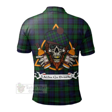 Black Watch Tartan Polo Shirt with Family Crest and Bearded Skull Holding Bottles of Whiskey