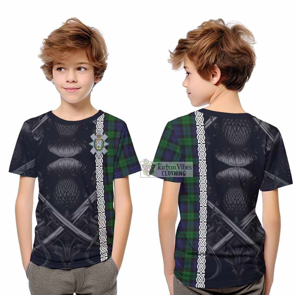 Black Watch Tartan Kid T-Shirt with Family Crest Cross Sword Thistle Celtic Vibes - Tartan Vibes Clothing