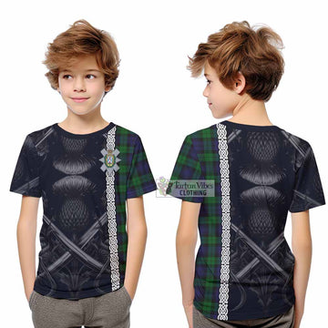 Black Watch Tartan Kid T-Shirt with Family Crest Cross Sword Thistle Celtic Vibes