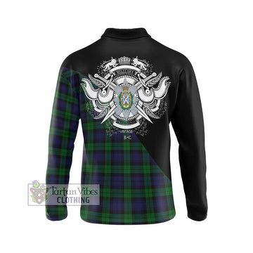 Black Watch Tartan Long Sleeve Polo Shirt with Family Crest and Military Logo Style