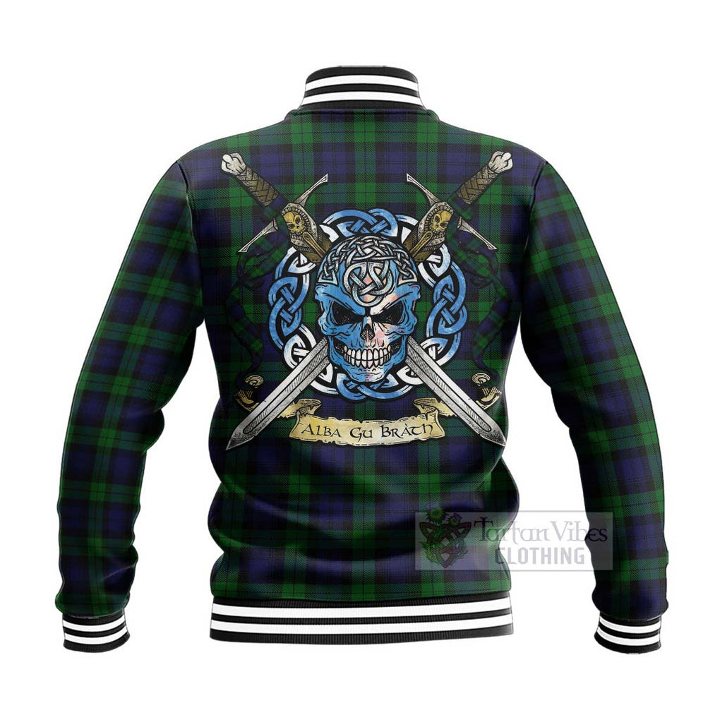 Tartan Vibes Clothing Black Watch Tartan Baseball Jacket with Family Crest Celtic Skull Style