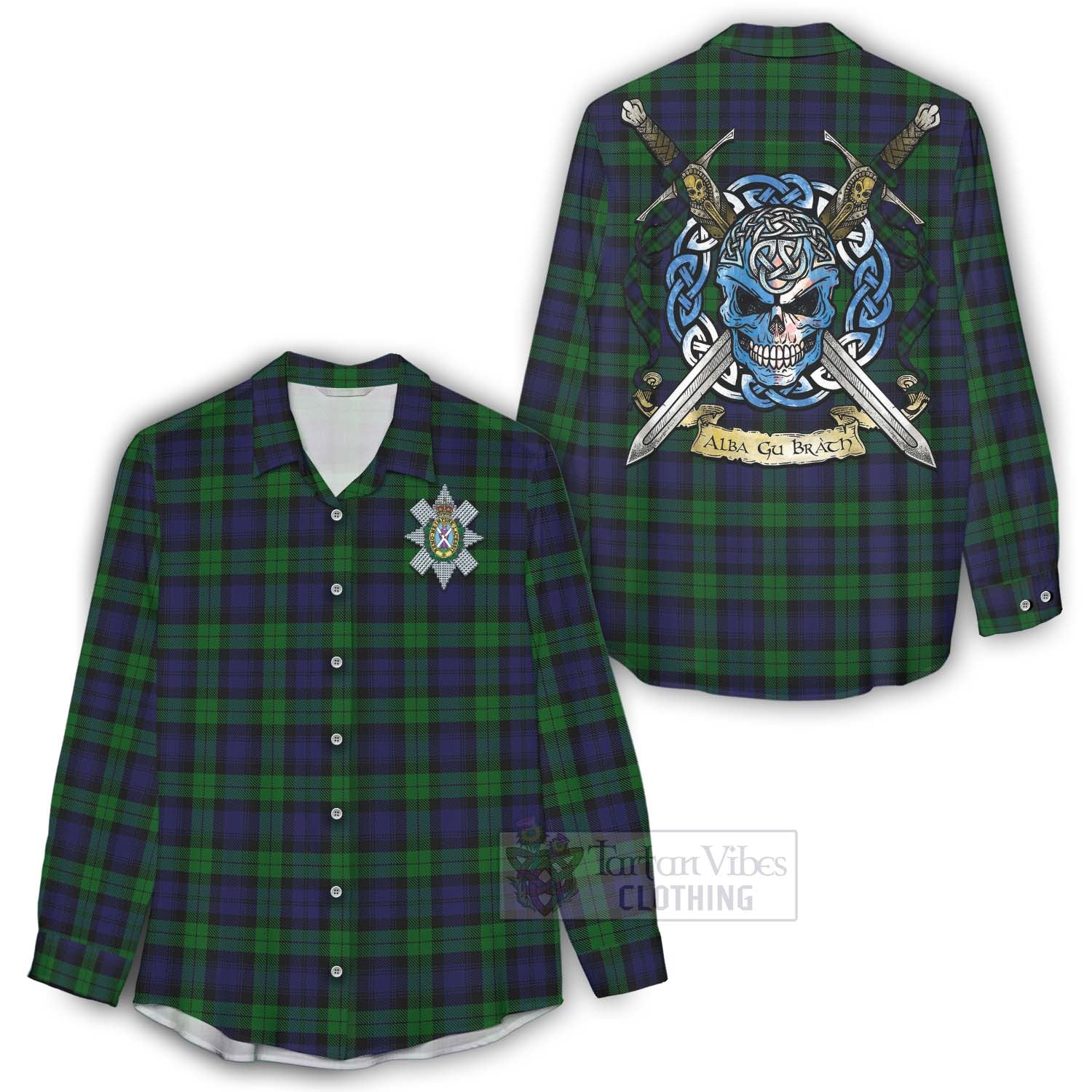 Tartan Vibes Clothing Black Watch Tartan Women's Casual Shirt with Family Crest Celtic Skull Style