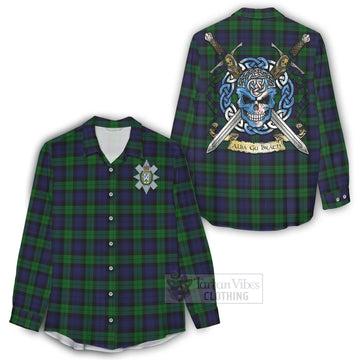 Black Watch Tartan Women's Casual Shirt with Family Crest Celtic Skull Style