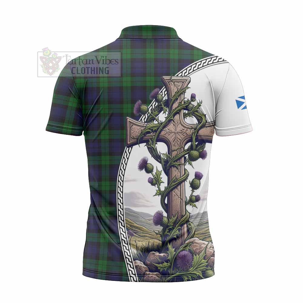 Tartan Vibes Clothing Black Watch Tartan Zipper Polo Shirt with Family Crest and St. Andrew's Cross Accented by Thistle Vines