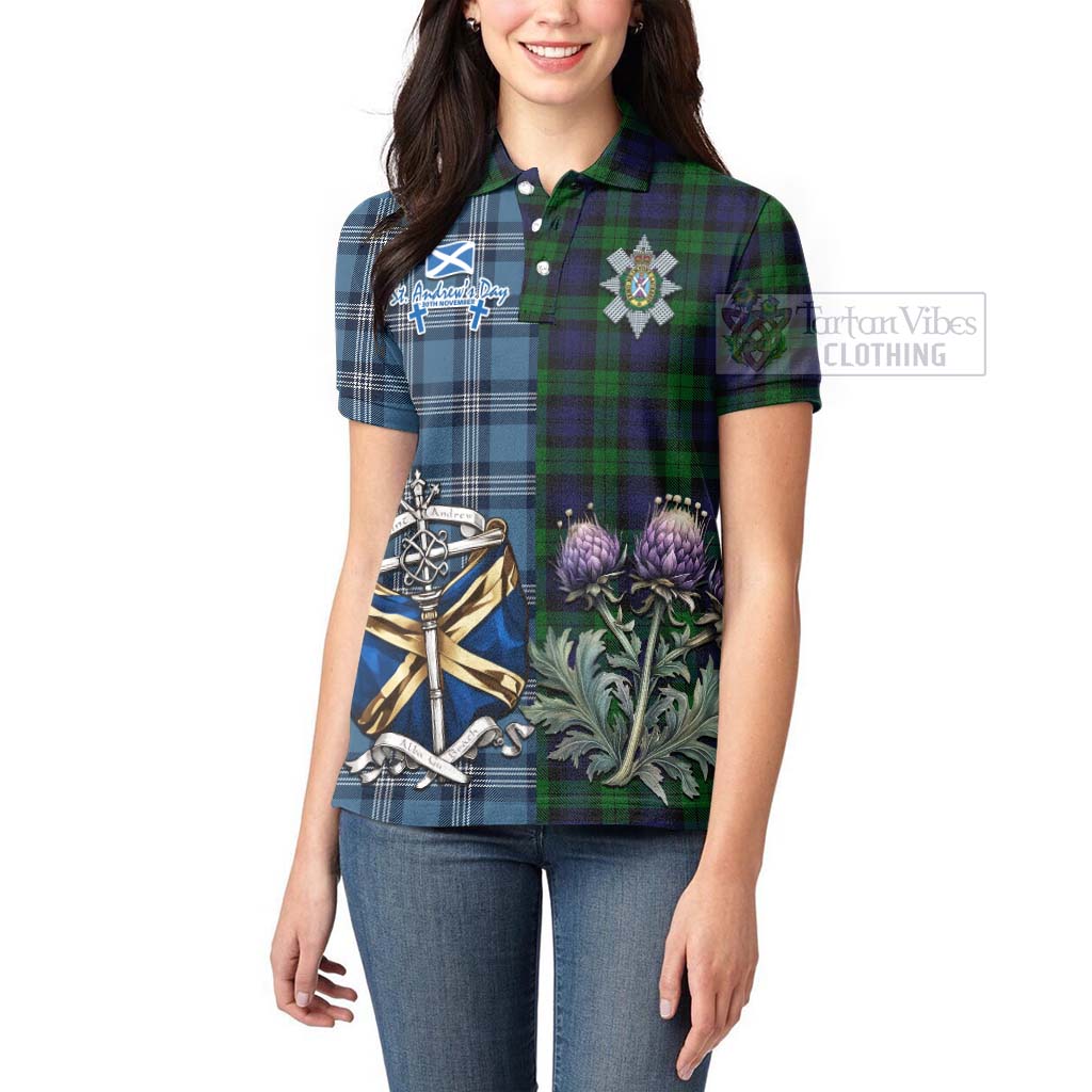 Tartan Vibes Clothing Black Watch Tartan Women's Polo Shirt Happy St. Andrew's Day Half Tartan Style