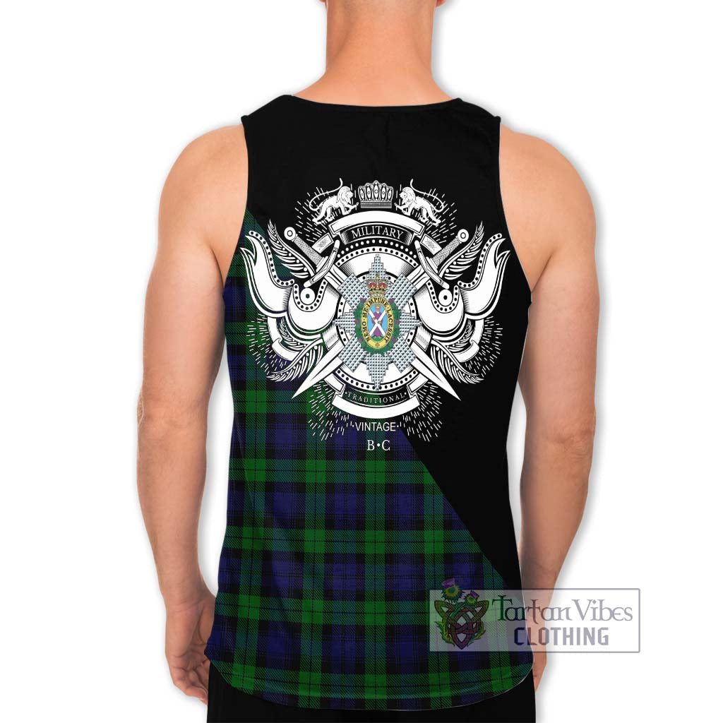 Tartan Vibes Clothing Black Watch Tartan Men's Tank Top with Family Crest and Military Logo Style