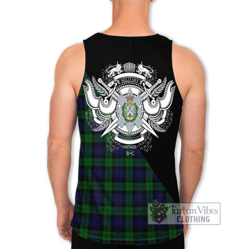 Black Watch Tartan Men's Tank Top with Family Crest and Military Logo Style