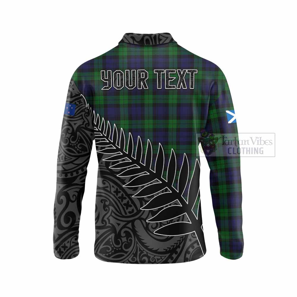 Tartan Vibes Clothing Black Watch Crest Tartan Long Sleeve Polo Shirt with New Zealand Silver Fern Half Style