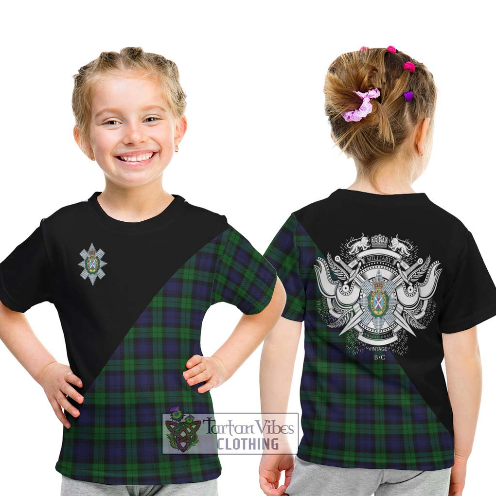 Black Watch Tartan Kid T-Shirt with Family Crest and Military Logo Style - Tartanvibesclothing Shop