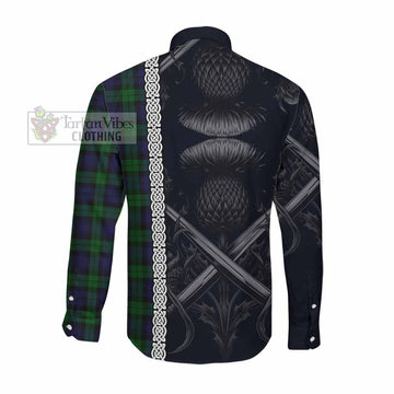 Black Watch Tartan Long Sleeve Button Shirt with Family Crest Cross Sword Thistle Celtic Vibes