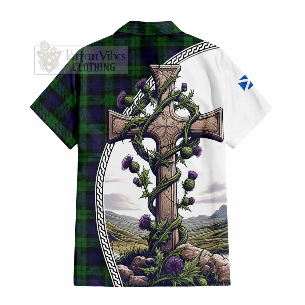 Tartan Vibes Clothing Black Watch Tartan Short Sleeve Button Shirt with Family Crest and St. Andrew's Cross Accented by Thistle Vines