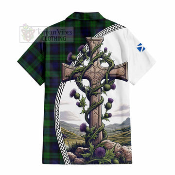 Black Watch Tartan Short Sleeve Button Shirt with Family Crest and St. Andrew's Cross Accented by Thistle Vines