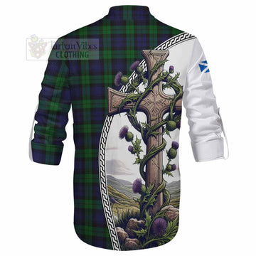 Black Watch Tartan Ghillie Kilt Shirt with Family Crest and St. Andrew's Cross Accented by Thistle Vines