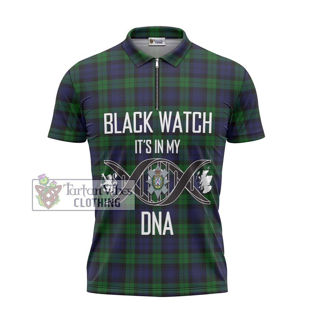 Black Watch Tartan Zipper Polo Shirt with Family Crest DNA In Me Style - Tartanvibesclothing Shop