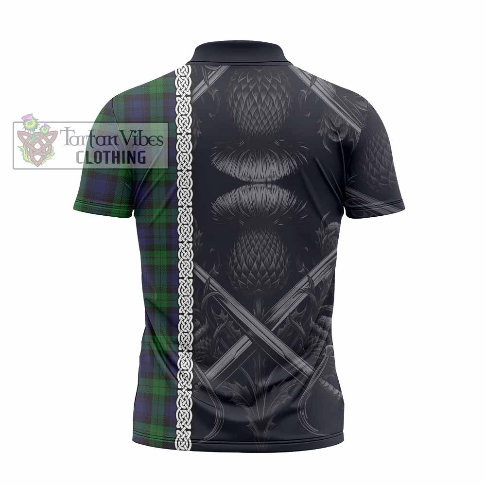 Tartan Vibes Clothing Black Watch Tartan Zipper Polo Shirt with Family Crest Cross Sword Thistle Celtic Vibes