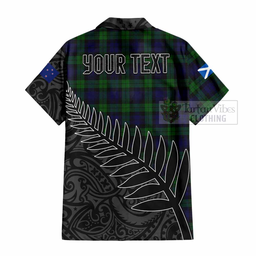 Tartan Vibes Clothing Black Watch Crest Tartan Short Sleeve Button Shirt with New Zealand Silver Fern Half Style