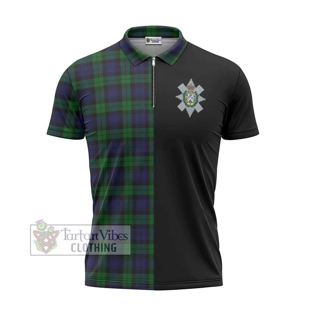 Black Watch Tartan Zipper Polo Shirt with Family Crest and Half Of Me Style - Tartanvibesclothing Shop