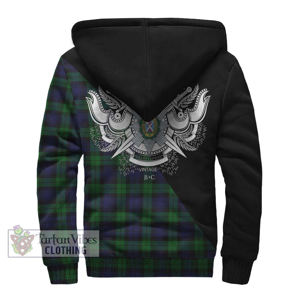 Black Watch Tartan Sherpa Hoodie with Family Crest and Military Logo Style - Tartanvibesclothing Shop