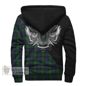 Black Watch Tartan Sherpa Hoodie with Family Crest and Military Logo Style