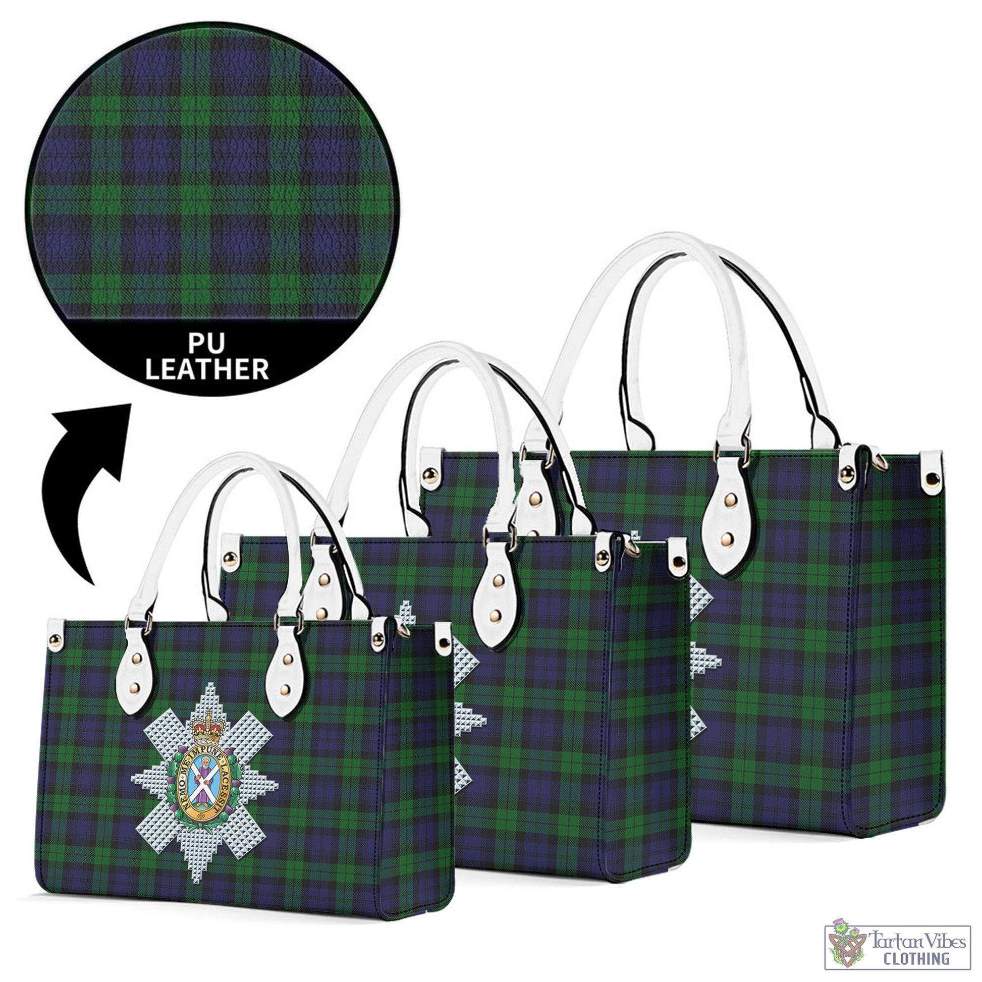 Tartan Vibes Clothing Black Watch Tartan Luxury Leather Handbags with Family Crest